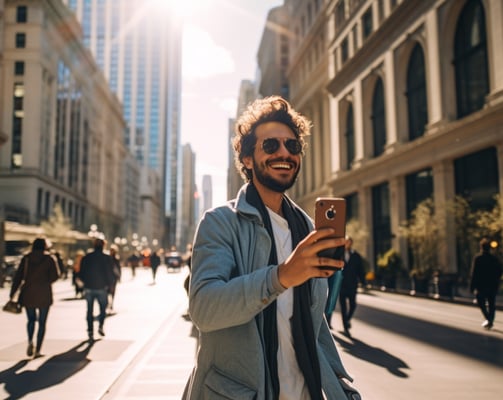 a man in a blue jacket and sunglasses is taking a selfie in Chicago