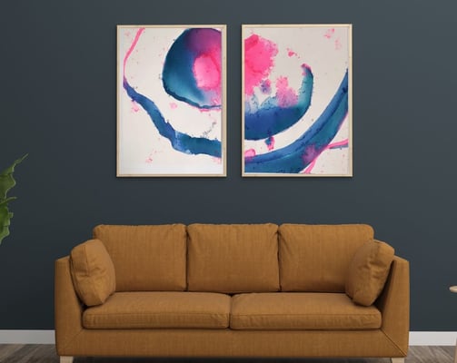 Peinture abstraite à l'Aquarelle et encre bleu et rose