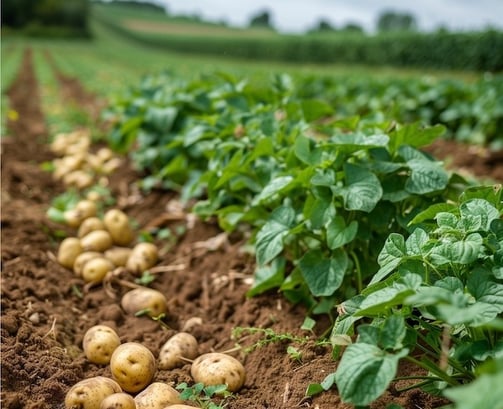 New crop of potatoes in the furrow - Peter Pickering's farming days