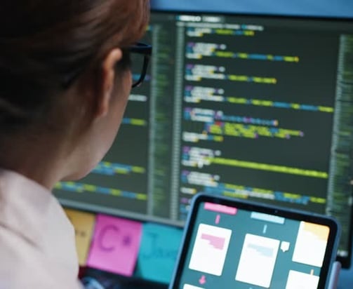 uma mulher de costas, com o cabelo preso, e usando um óculos, está olhaando para a tela do monitor