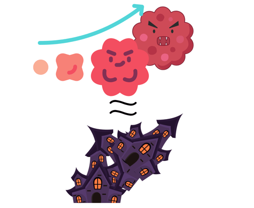 a cartoonish halloween themed illustration of spooky cells and spooky house