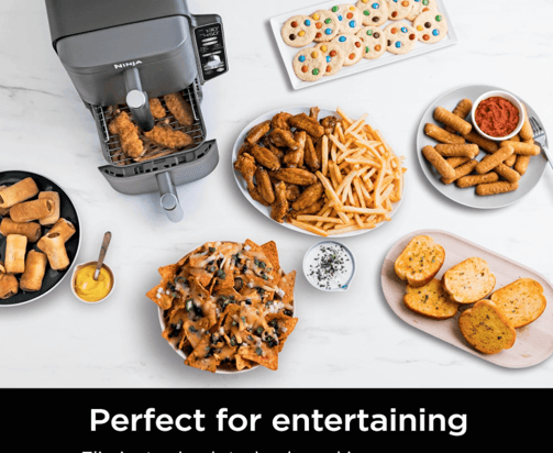 airfryer with a bunch of food items sitting on a table