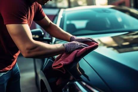 Professional detailer cleaning a black car exterior with a microfiber cloth.