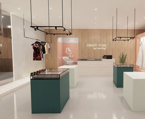 a storefront of a clothing store with a variety of clothes and accessories
