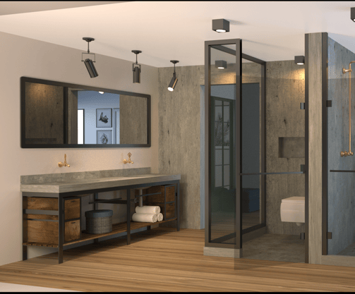 Bathroom interior, industrial bathroom design, rendering