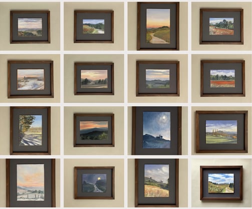Collection de peintures artistiques encadrées présentant des paysages de la Drôme des collines.