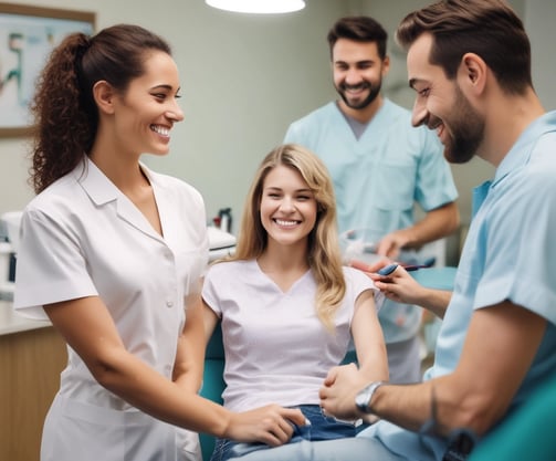 a woman is sitting in a chair in a dental clinic
