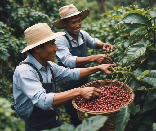 A large pile of raw coffee beans is spread out on a drying rack under a clear blue sky. The surrounding area is lush with trees and vegetation, giving it a tropical or plantation vibe.