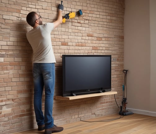 A vintage television set is prominently displayed in a dimly lit industrial space with exposed brick walls. The area features a mix of modern and rustic elements, including various tables and chairs, plants, and wall decor that includes informational posters and a QR code. The floor appears worn, adding to the retro and nostalgic atmosphere.
