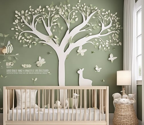 a baby's room with a baby's room wall mural
