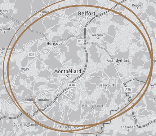 Carte mettant en avant la zone d’intervention du couvreur autour de Montbéliard, Belfort, Héricourt et Grandvillars, pour tou