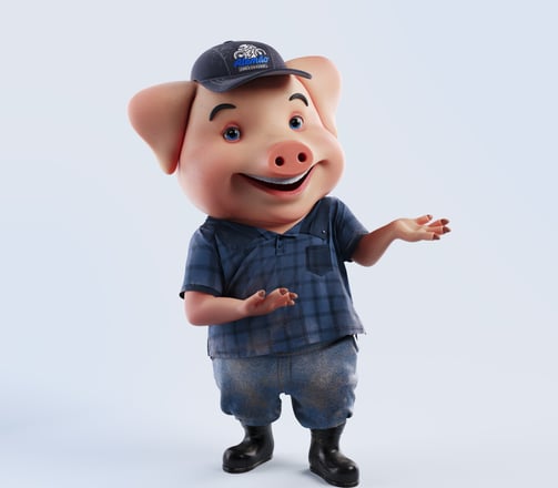 personagem cartoon, porco que trabalha numa ferragem, desastrado, 3D render, posição natural