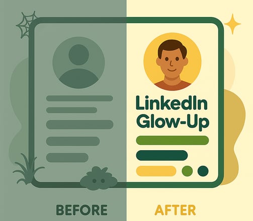 Whimsical graphic for LinkedIn profile update services, LinkedIn optimization, LinkedIn glow up