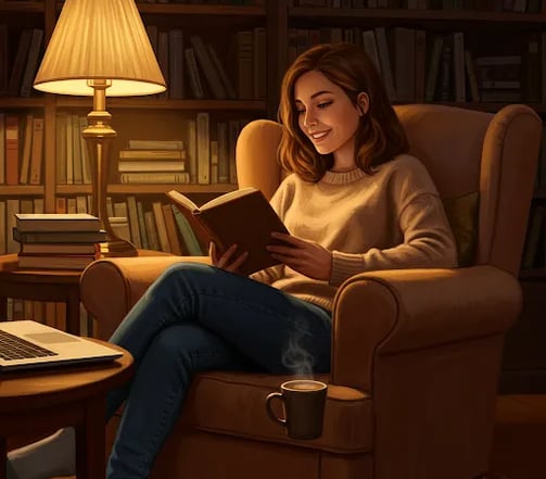A woman sits in a chair, engrossed in a book, highlighting the significance of reading as a way to improve your writing skill