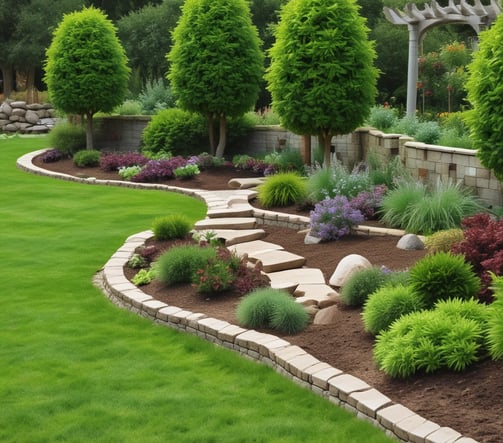A lush, well-maintained garden with various plants and shrubs, including flowering bushes and small trees. Stone-bordered flower beds and a neatly trimmed lawn are visible. The garden appears to be enclosed by a brick wall with climbing plants. Overhanging branches provide partial shade, creating a peaceful atmosphere.
