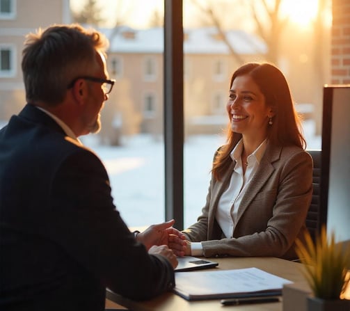 Asesora de seguros con cliente en oficina, oportunidades de trabajo Infoseguros LLC