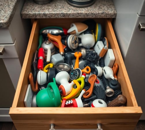 messy drawer full of kitchen gadgets