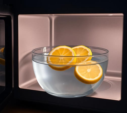 a bowl of lemons and water in a microwave