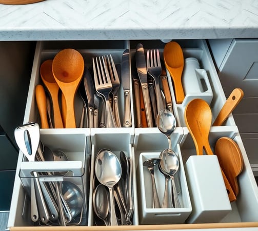 a drawer with utensils organized with organizers