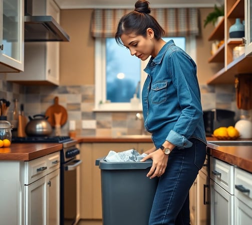 a woman standing in a kitchen with a trash canister