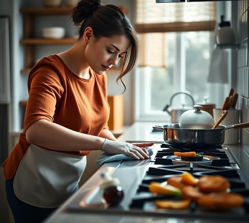 a woman in an orange shirt is cooking in a kitchen