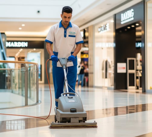 Nettoyage du sol avec monobrosse dans un centre commercial