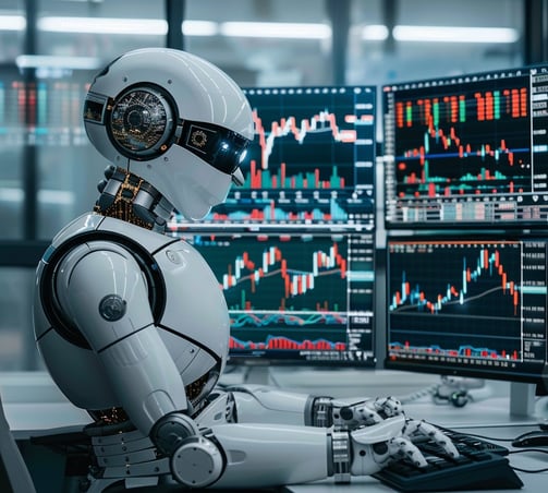 A robot sits at several screens and works. The screens show all trading parameters