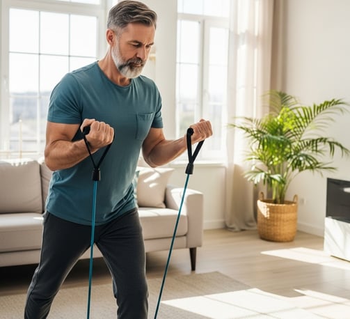 a man in a blue shirt is holding a resistance band