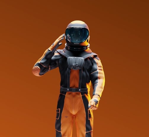 a man in an orange space suit with a helmet on making a salute