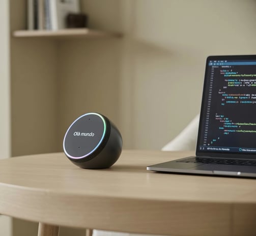Assistente de voz inteligente portátil em cima de uma mesa ao lado de um notebook
