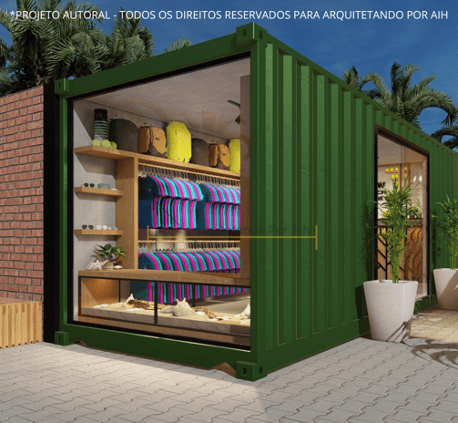 Perspectiva da fachada de uma loja em container, com destaque para uma vitrine grande e convidativa