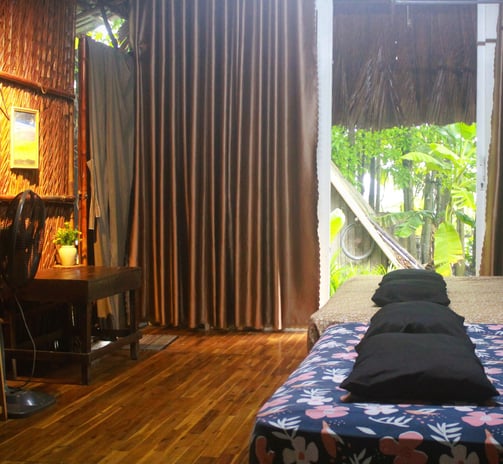Spacious twin-bed room with large windows overlooking the tropical vegetable garden.