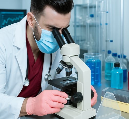 a man in a lab coat and a mask on