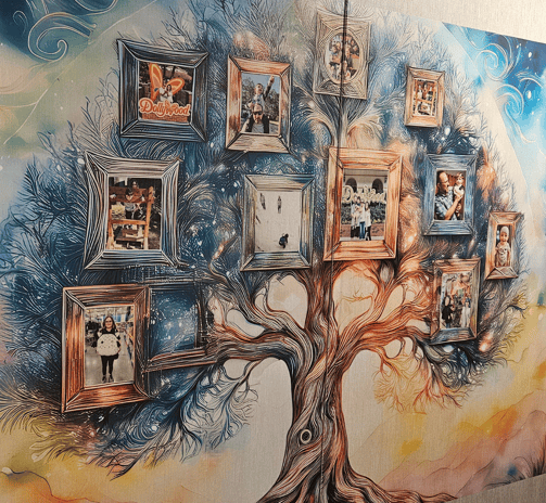 a mural of a tree with a picture of a family tree