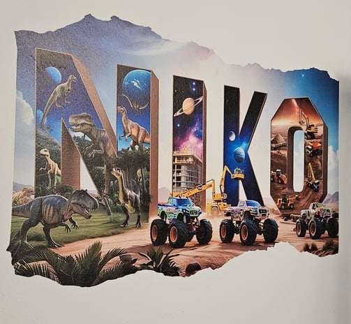 a custom designed print of a child's name printed on the wall