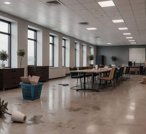 ommercial event room before cleaning with trash and spills on floor