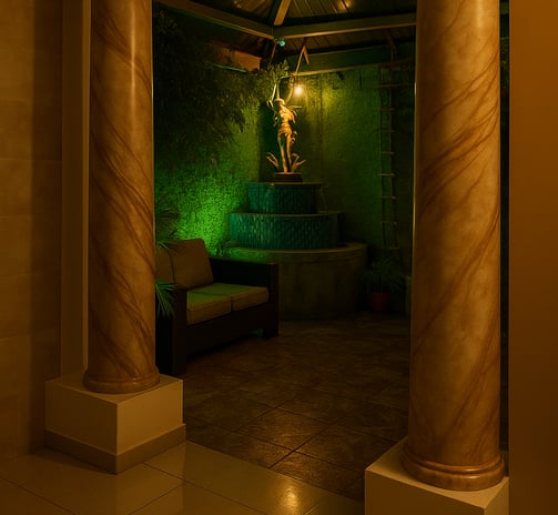 Interior clásico de Magic Party con columnas doradas y fuente de agua en espacio acogedor.