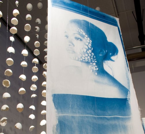 Fragile Balance – 3D Art Installation – Cyanotype, eggshells, clay