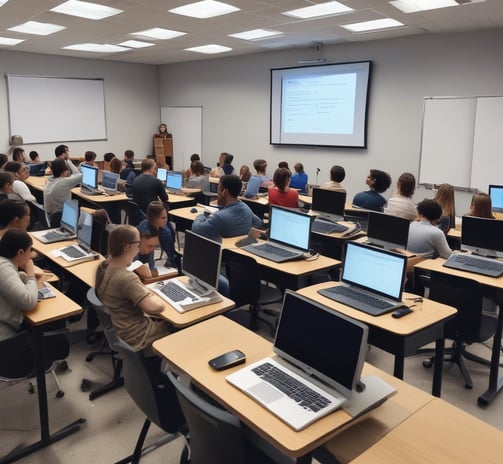 A dimly lit computer lab features several workstations with monitors and keyboards arranged in a line. A design composed of blue lines and the word 'Amcbridge' is visible on the wall. Vertical blinds partially cover the window, letting in minimal light.