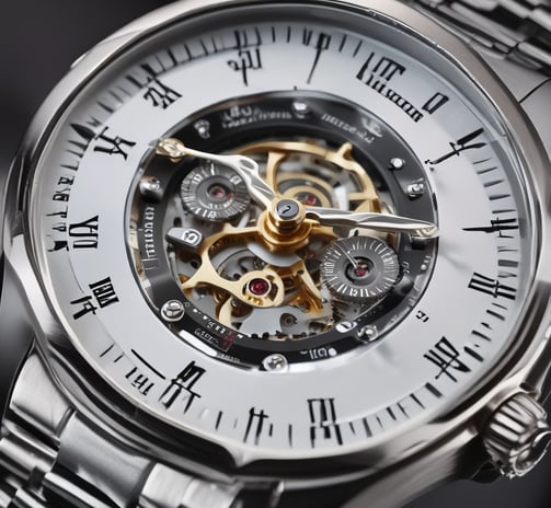 A luxury watch features intricate detailing with a prominent globe design on its face. The numerals and watch hands are elegantly integrated, surrounded by a metallic gold casing. There are engraved words and numbers on the case, and the visible strap is white.