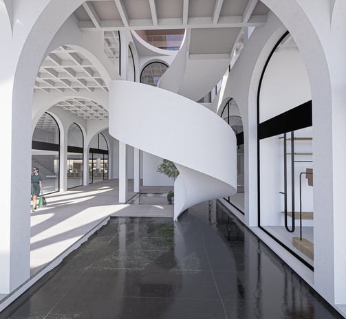 edificio con escalera helicoidal y espejo de agua en locales comerciales