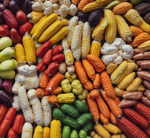 A close-up view of a colorful assortment of various grains and seeds, including lentils, beans, and rice. The image showcases a vibrant mix of orange, yellow, and dark brown colors, emphasizing the texture and variety of the ingredients.