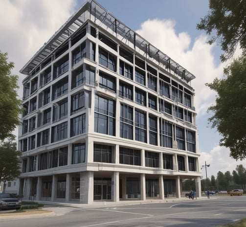 A modern architectural structure with a white facade and wooden accents, featuring black metal beams extending from the roof. A professional DSLR camera mounted on a tripod is focused on the building, highlighting the interaction between architecture and photography.
