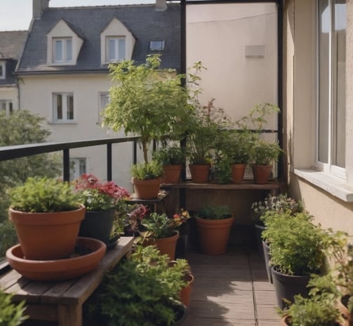 Balcon étroit rempli de plantes en pots, avec un banc en bois servant de support pour les jardinière