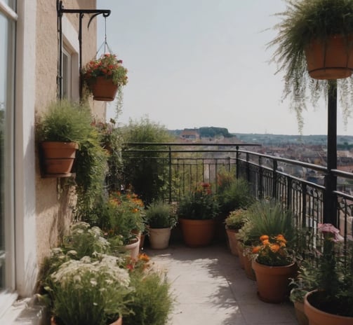 Balcon fleuri exposé au soleil avec de nombreux pots de plantes vertes et suspendues, vue dégagée