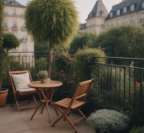Coin détente sur balcon avec table et chaises en bois, entouré de plantes et d’un petit arbre taillé