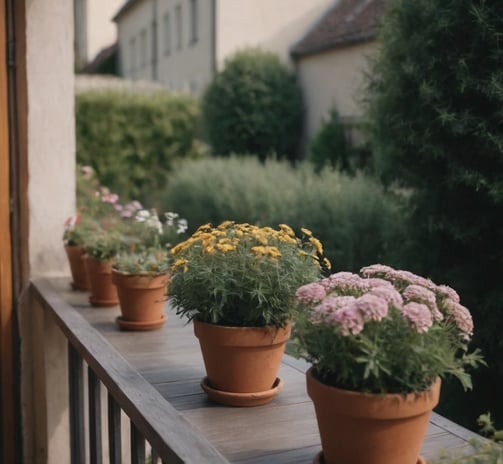 Pots de fleurs en terre cuite avec des plantes fleuries sur une rambarde de balcon