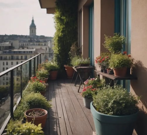 Balcon long et moderne rempli de plantes en pot avec vue panoramique sur les toits de la ville.