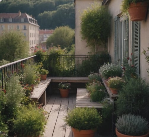 Balcon avec banc intégré, pots de plantes variées et vue sur des collines boisées et des toits.