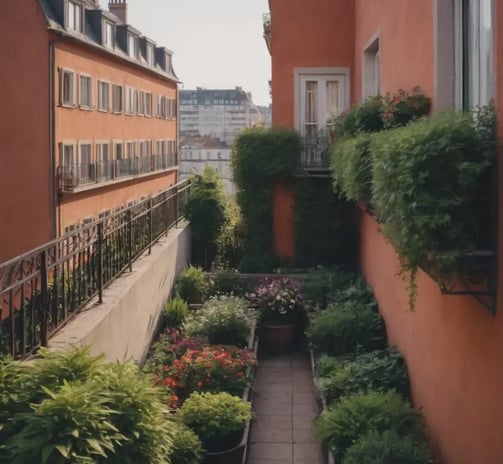 Balcon étroit fleuri entre deux immeubles aux murs orangés, bordé de plantes vertes et fleuries.